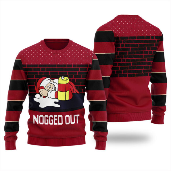 Nogged Out Santa Drinking Eggnog Ugly Sweater Cardinal Red