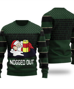 Nogged Out Santa Drinking Eggnog Ugly Sweater Forest Green