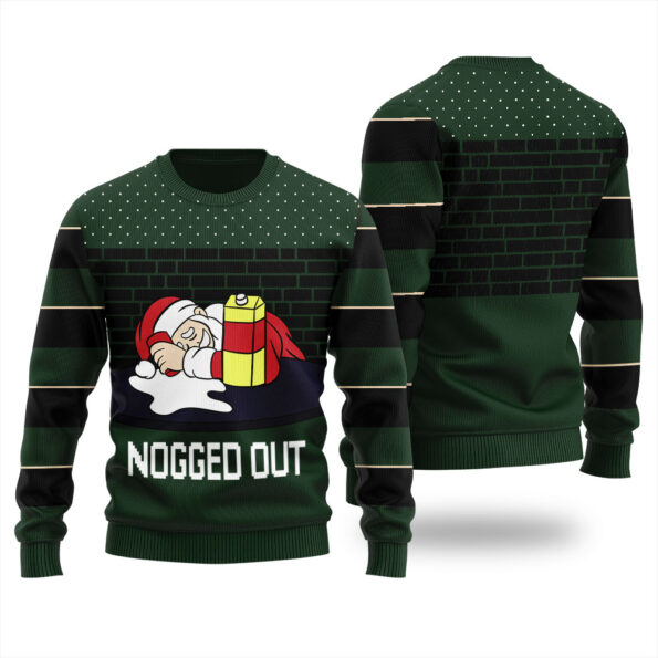 Nogged Out Santa Drinking Eggnog Ugly Sweater Forest Green