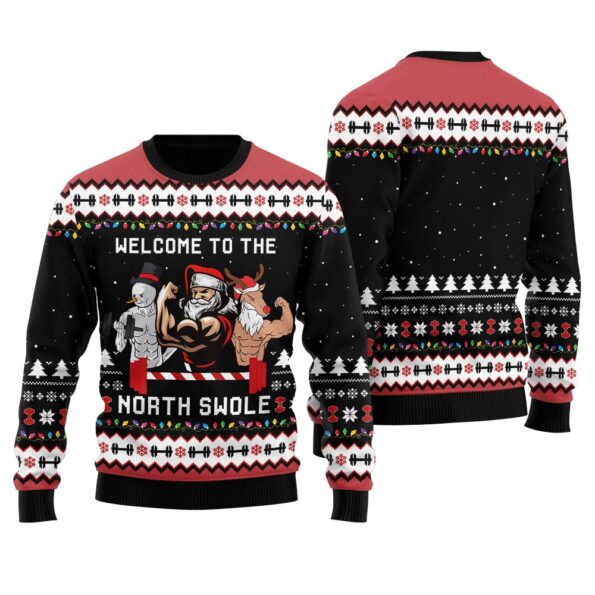 North Swole Santa Snowman Reindeer Ugly Christmas Sweater Black