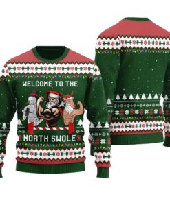 North Swole Santa Snowman Reindeer Ugly Sweater Forest Green