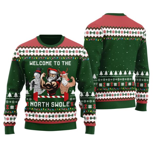 North Swole Santa Snowman Reindeer Ugly Sweater Forest Green