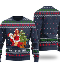 Party By The Tree Naughty Santa Ugly Christmas Sweater Navy