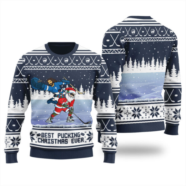 Pucking Game Santa And Jesus Christmas Sweater Navy