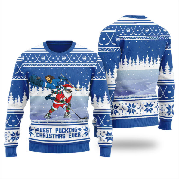 Pucking Game Santa And Jesus Ugly Sweater Royal