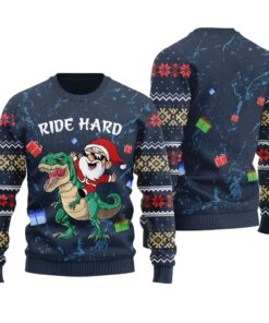 Ride Hard Funny Santa Ugly Christmas Sweater Navy