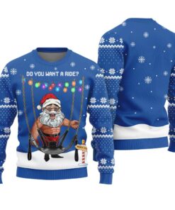 Ride With Santa Funny Ugly Christmas Sweater Royal