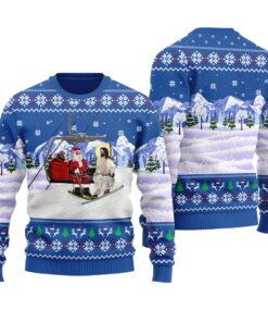 Santa And Jesus Go Skiing Ugly Christmas Sweater Royal