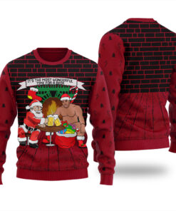 Santa Barry Wood Drinking Beer Ugly Sweater Cardinal Red