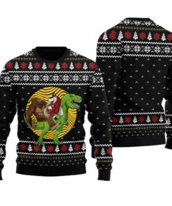 Santa Bigfoot Jesus On Dinosaur Funny Ugly Christmas Sweater Black