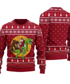 Santa Bigfoot Jesus On Dinosaur Ugly Sweater Cardinal Red