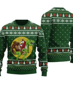 Santa Bigfoot Jesus On Dinosaur Ugly Sweater Forest Green