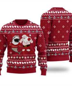 Santa Dancing With Shark Ugly Christmas Sweater Cardinal Red