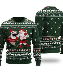 Santa Dancing With Shark Ugly Christmas Sweater Forest Green