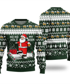Santa Drinking Beer Christmas Sweater Forest Green