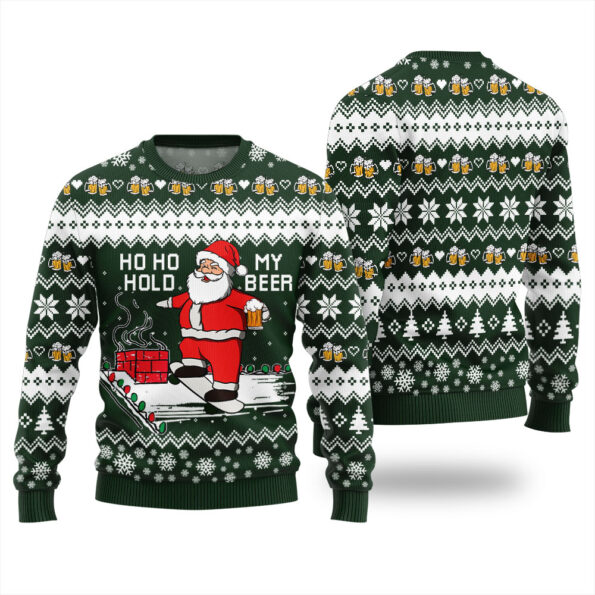 Santa Drinking Beer Christmas Sweater Forest Green