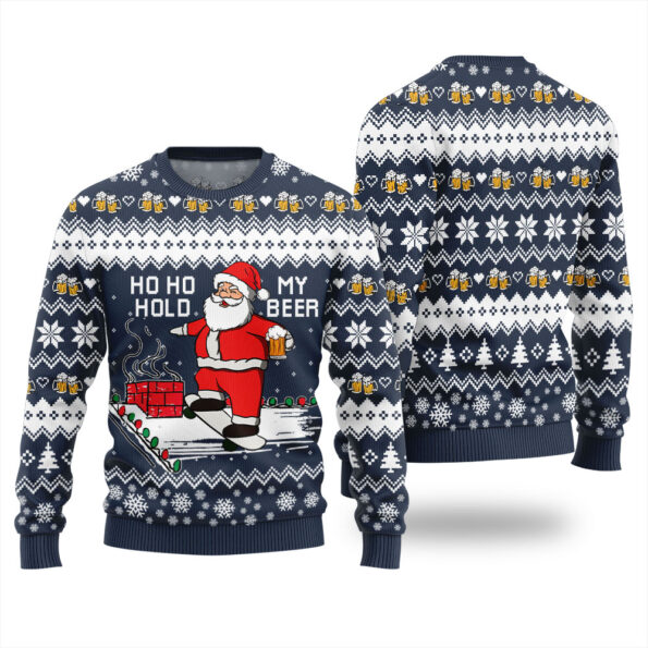 Santa Drinking Beer Christmas Sweater Navy