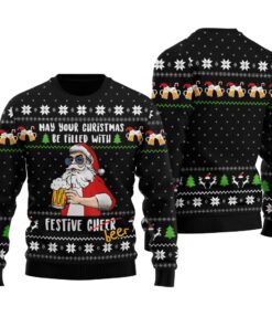Santa Drinking Beer Ugly Christmas Sweater Black