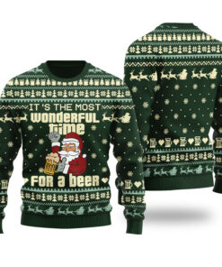 Santa Drinking Beer Ugly Christmas Sweater Forest Green