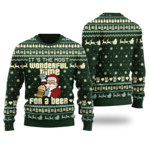 Santa Drinking Beer Ugly Christmas Sweater Forest Green