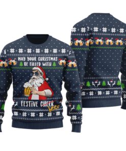 Santa Drinking Beer Ugly Christmas Sweatshirt Navy