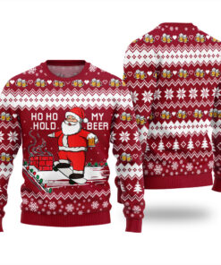 Santa Drinking Beer Ugly Sweater Cardinal Red