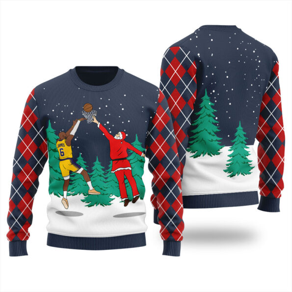 Santa Dunking Lebron James Ugly Christmas Sweater Navy
