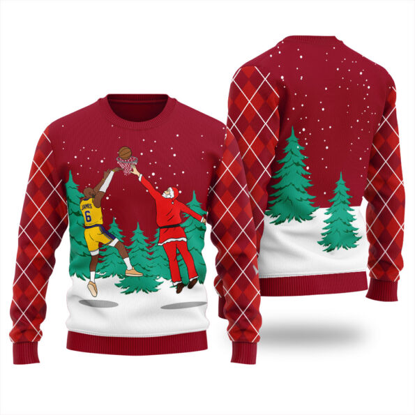 Santa Dunking Lebron James Ugly Sweater Cardinal Red