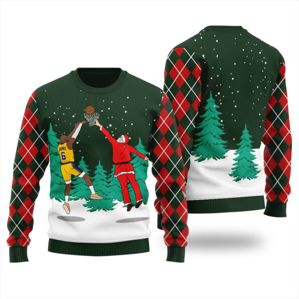 Santa Dunking Lebron James Ugly Sweater Forest Green