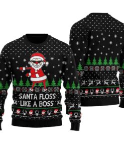 Santa Floss Like A Boss Funny Ugly Christmas Sweater Black