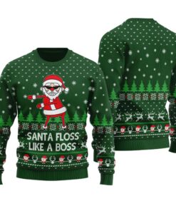 Santa Floss Like A Boss Funny Ugly Christmas Sweater Forest Green