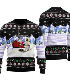 Santa Go Skiing Snowy Ugly Christmas Sweater Black