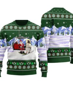 Santa Go Skiing With Jesus Ugly Christmas Sweater Forest Green