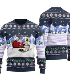 Santa Go Skiing With Jesus Ugly Christmas Sweater Navy