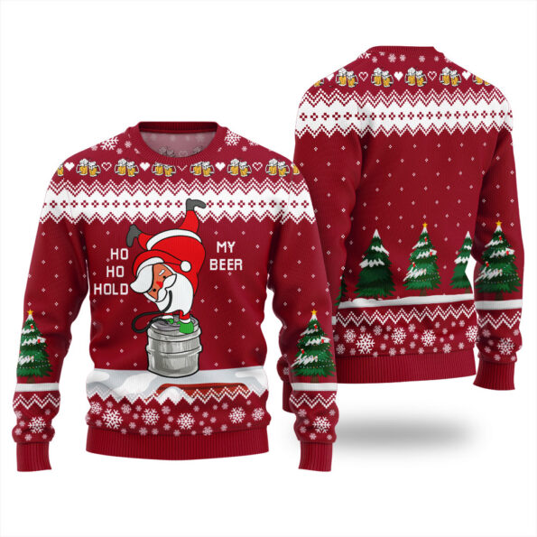 Santa Ho Ho Hold My Beer Christmas Sweater Cardinal Red
