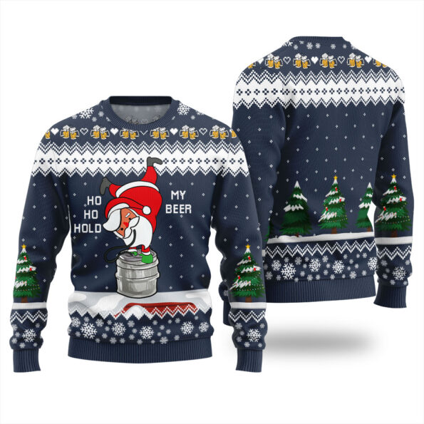 Santa Ho Ho Hold My Beer Ugly Christmas Sweater Navy