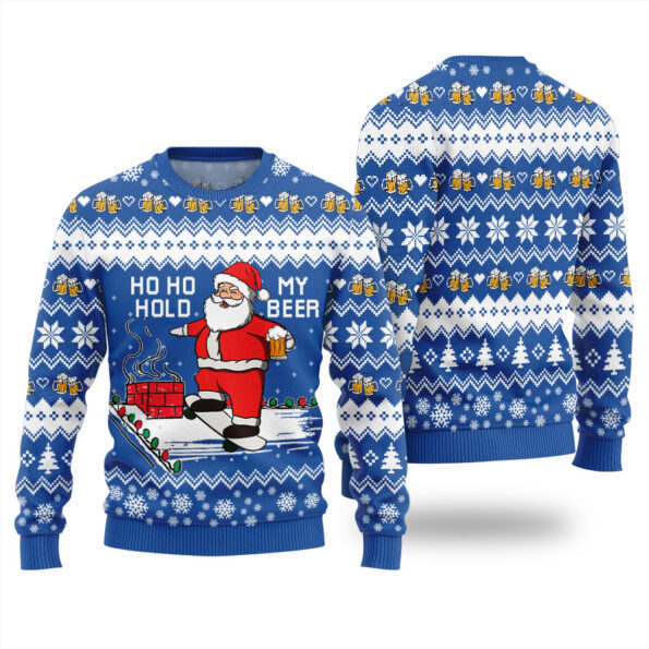 Santa Ho Ho Hold My Beer Ugly Sweater Royal