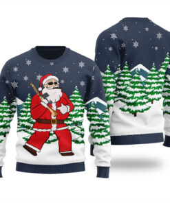Santa Holiding Gun Ugly Christmas Sweater Navy