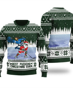 Santa Jesus Hockey Christmas Sweater Forest Green