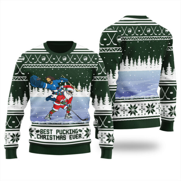 Santa Jesus Hockey Christmas Sweater Forest Green