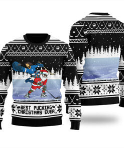 Santa Jesus Hockey Ugly Christmas Sweater Black