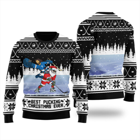 Santa Jesus Hockey Ugly Christmas Sweater Black