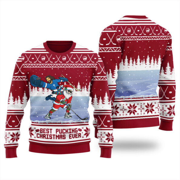 Santa Jesus Hockey Ugly Sweater Cardinal Red