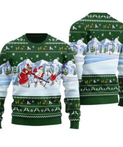 Santa Play Hockey Ugly Christmas Sweater Forest Green