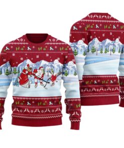 Santa Play Hockey With Canada Animals Ugly Sweater Cardinal Red