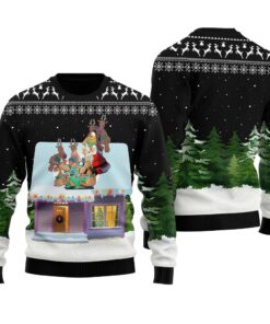 Santa Playing Cards With Reindeer Ugly Sweater Black
