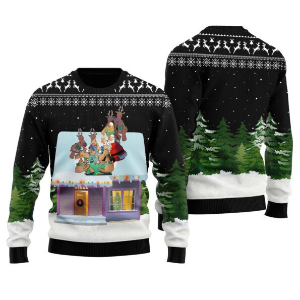 Santa Playing Cards With Reindeer Ugly Sweater Black