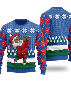 Santa Playing Golf Ugly Sweater Royal