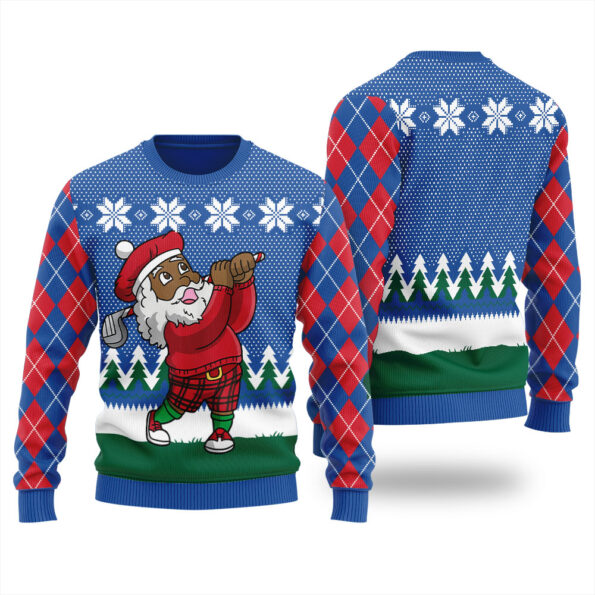 Santa Playing Golf Ugly Sweater Royal