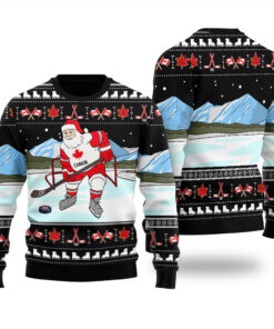 Santa Playing Hockey Canada Ugly Christmas Sweater Black